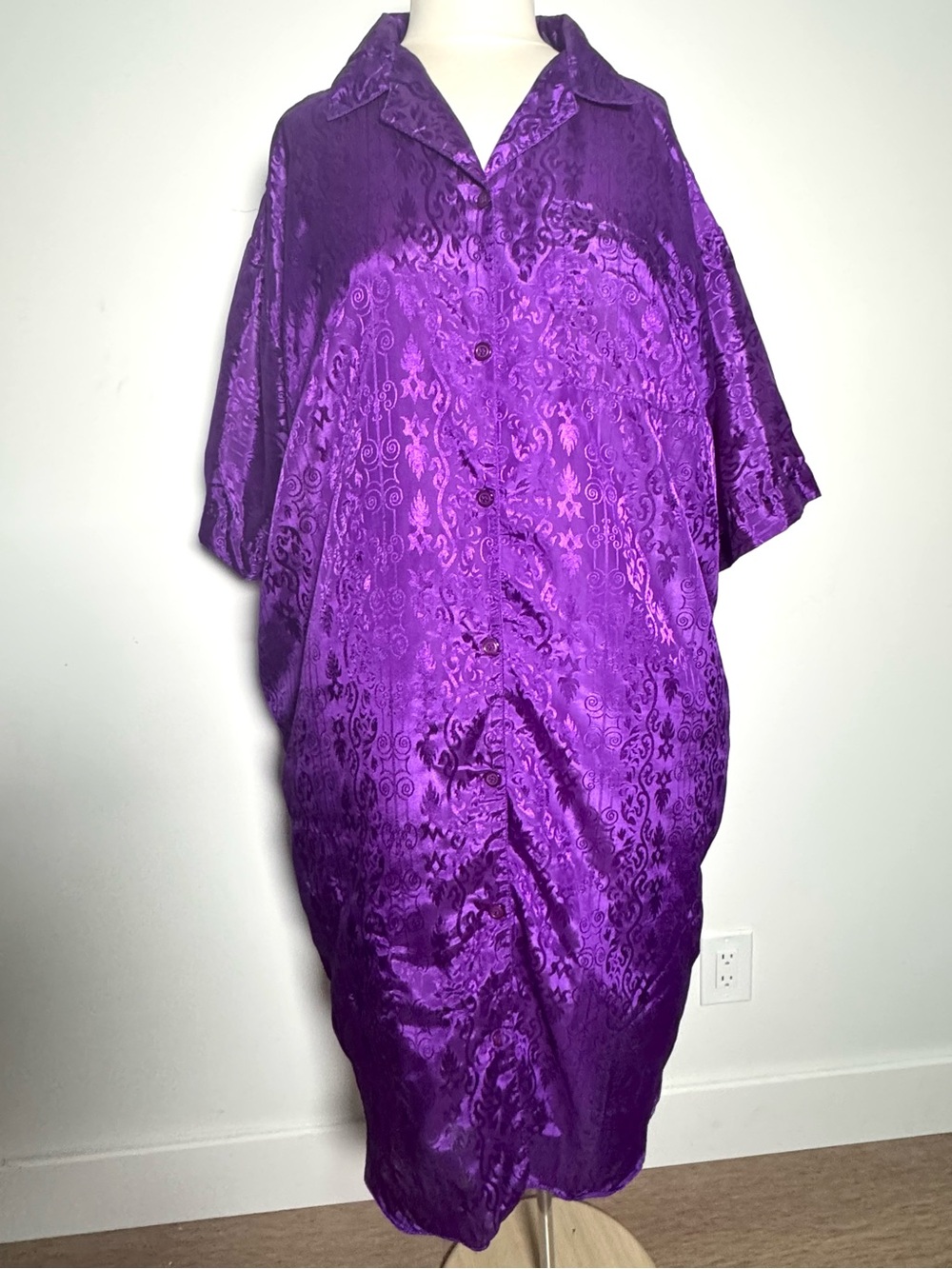 EJC Intimates Purple Damask Nightshirt One Size Satin Button Front Sleep Shirt